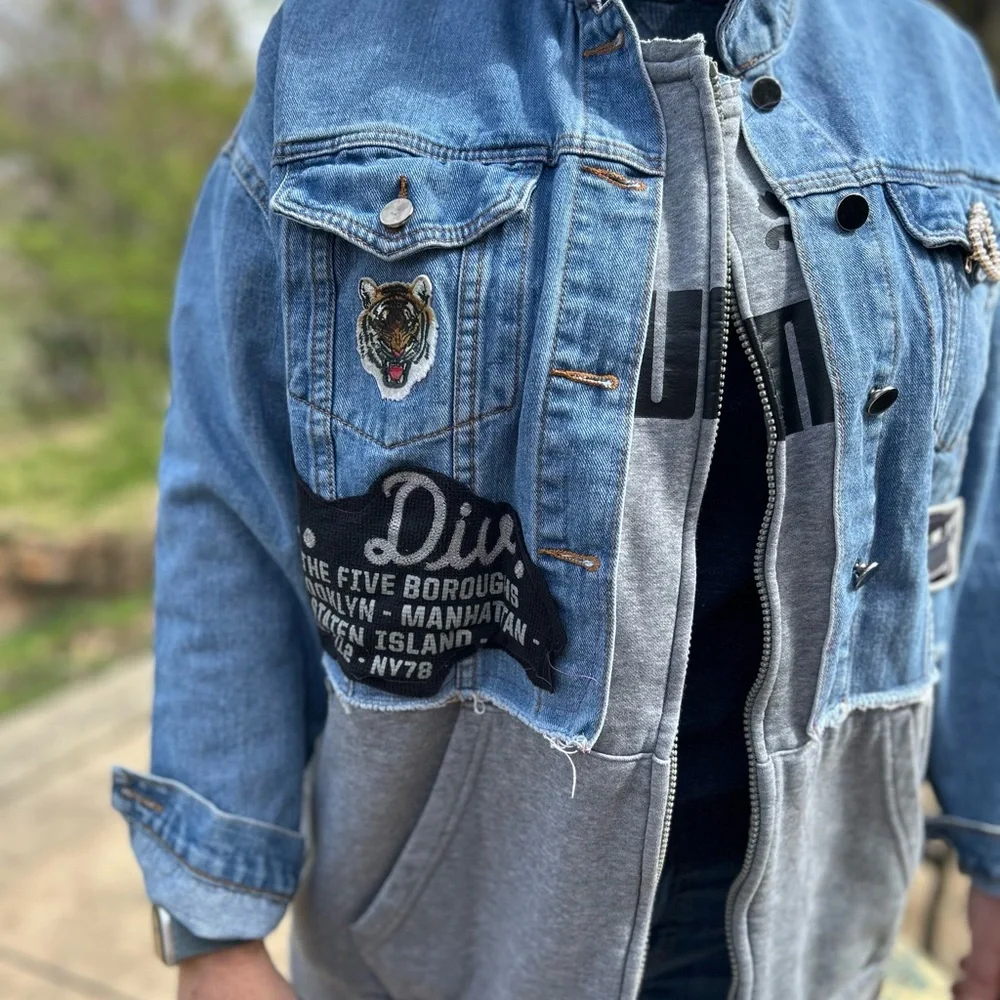 New York Yankees adorned jean jacket w/ vintage flair and attached Puma zip up. - Picture 16 of 16